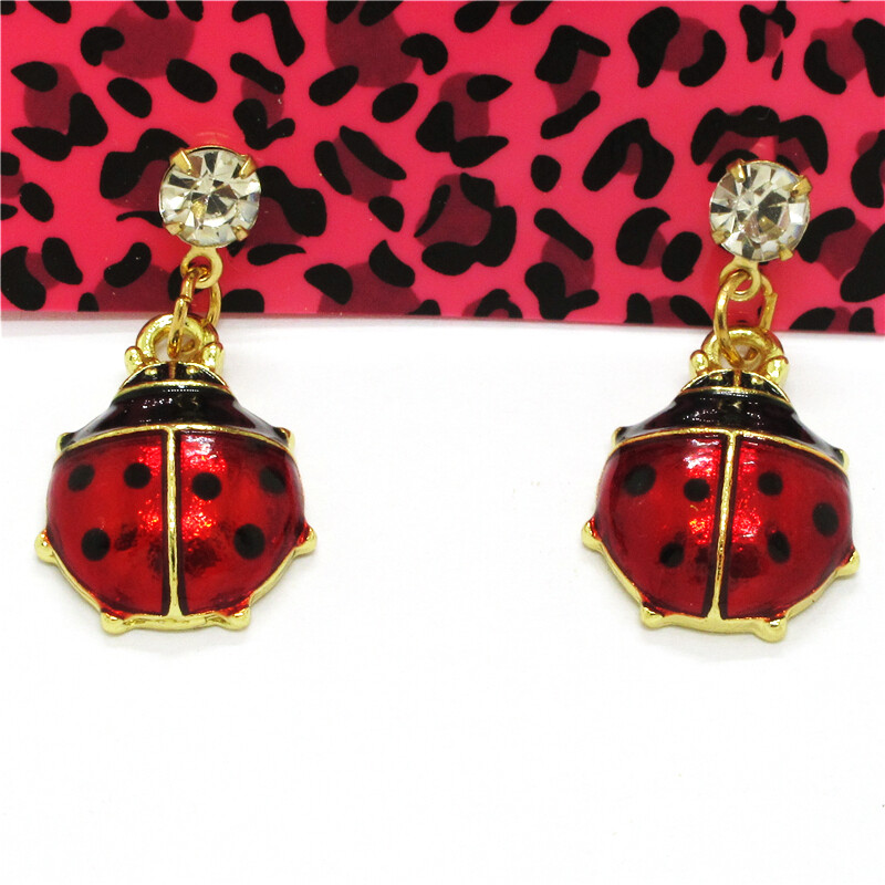 Hot Fashion Red Enamel Cute Beetle Ladybird Crystal Women Stand Jewelry Earrings