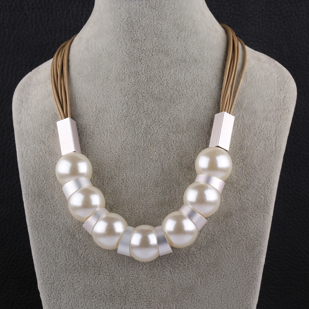 Pearl Imitation Silver Metal Brown Cord Adjustable Size L88