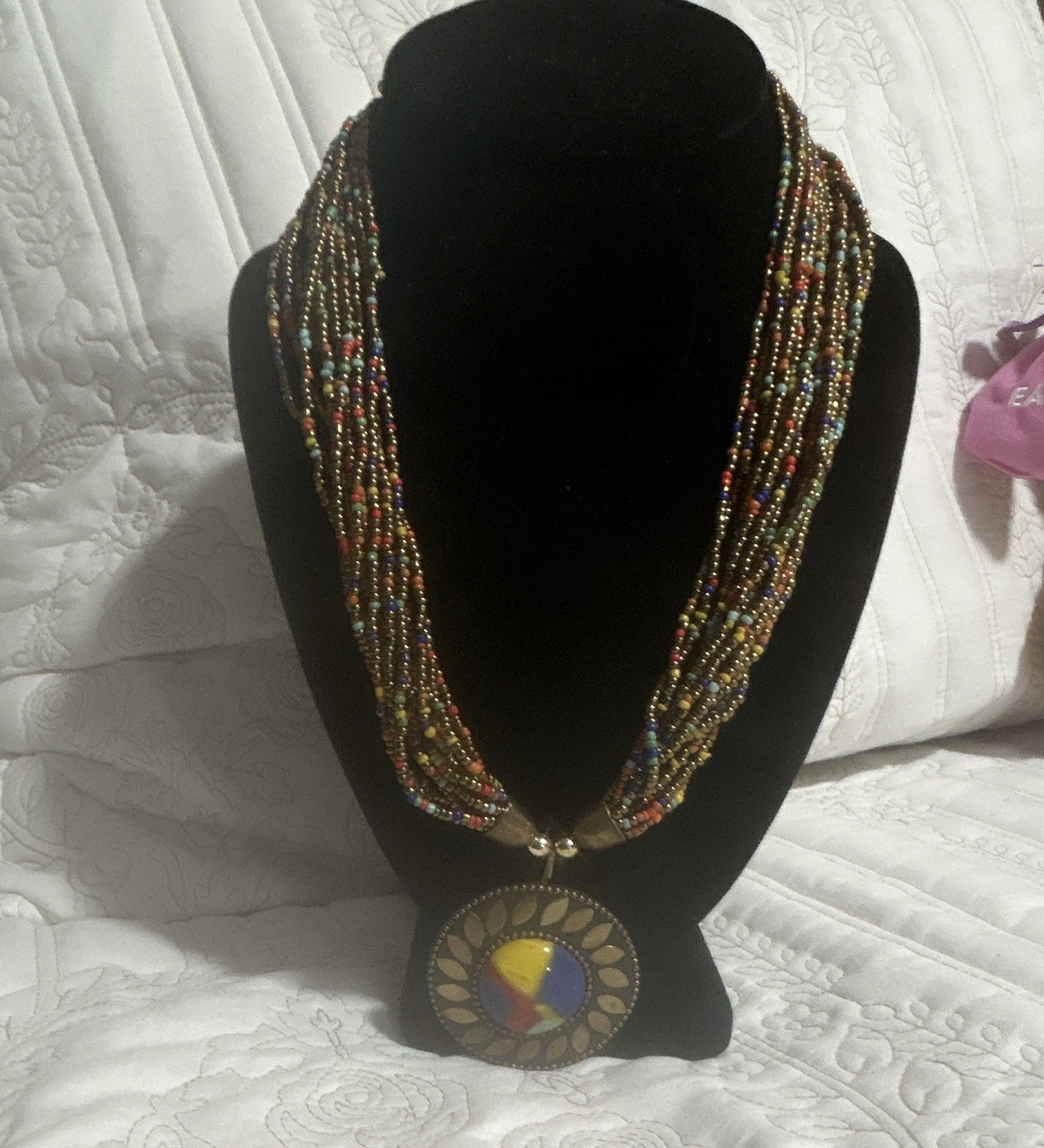 Multi-Strand Multicolor Seed Bead Statement Necklace Round Disc Pendant Boho