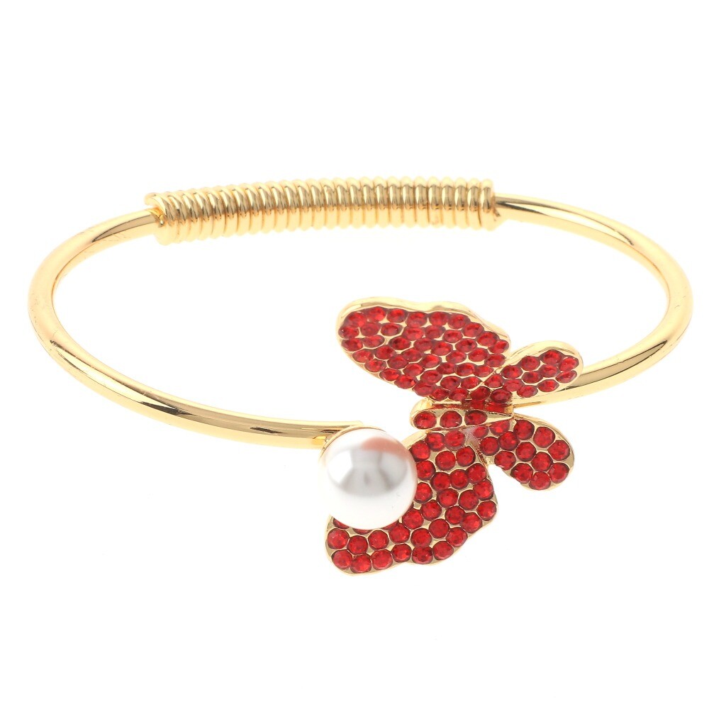Gold Tone Gold Plated Stretch Fold-Over Bracelet With Rhinestone BSG751-RED