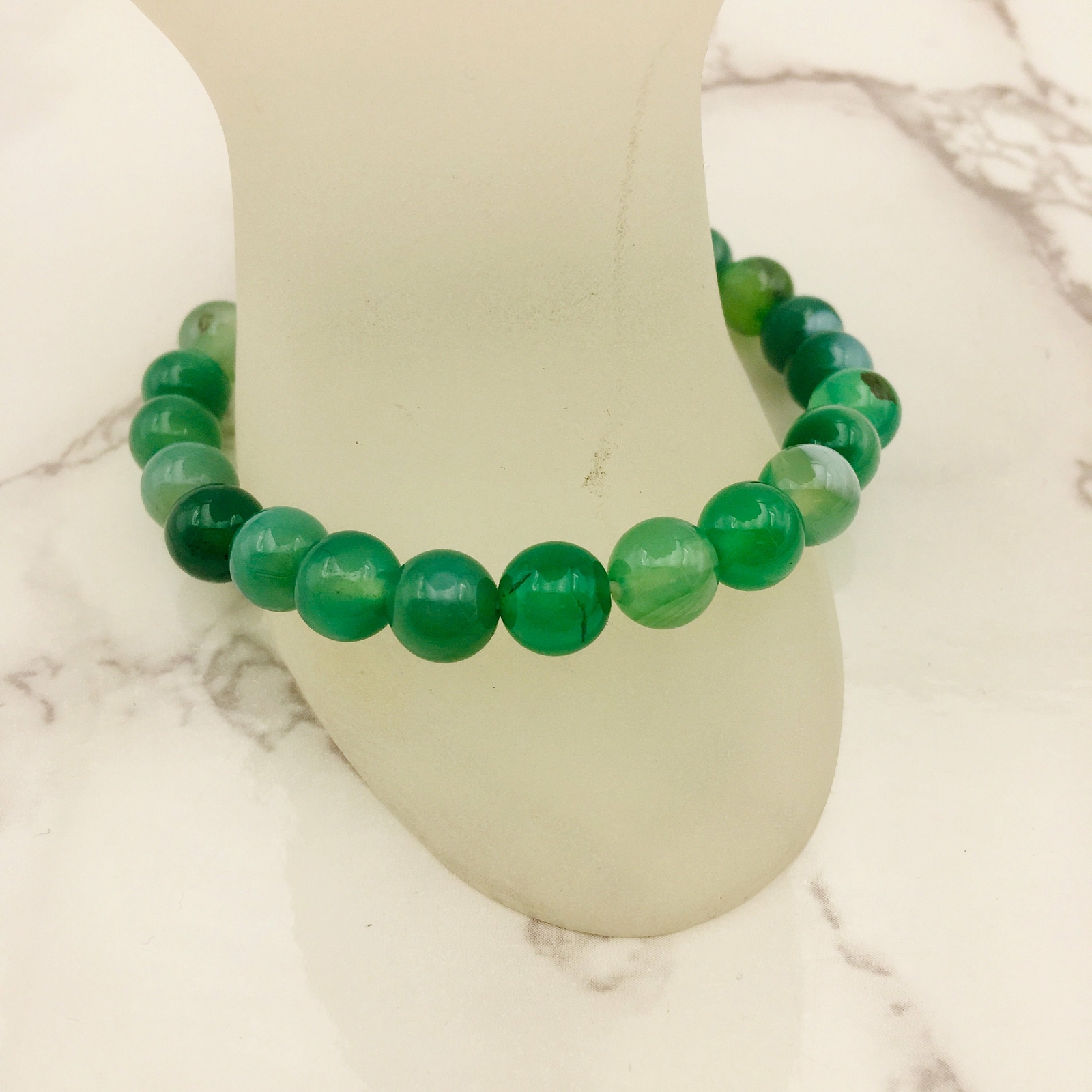 Green Stripe Agate Bracelet Smooth Round Size 8mm 10mm 7.5″ Length
