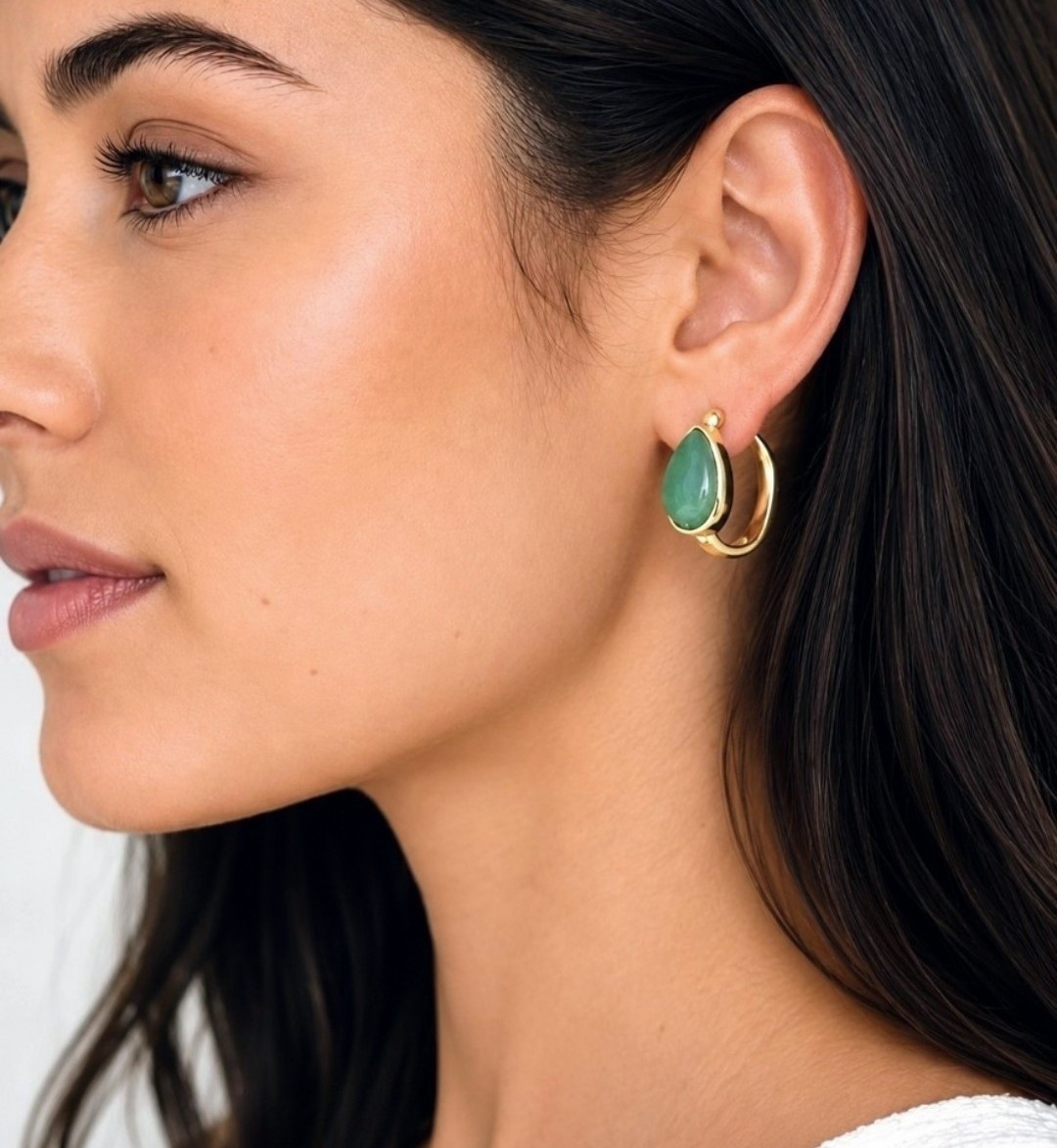 Anthropologie Stone Inset Jade Earrings Gold Hoop