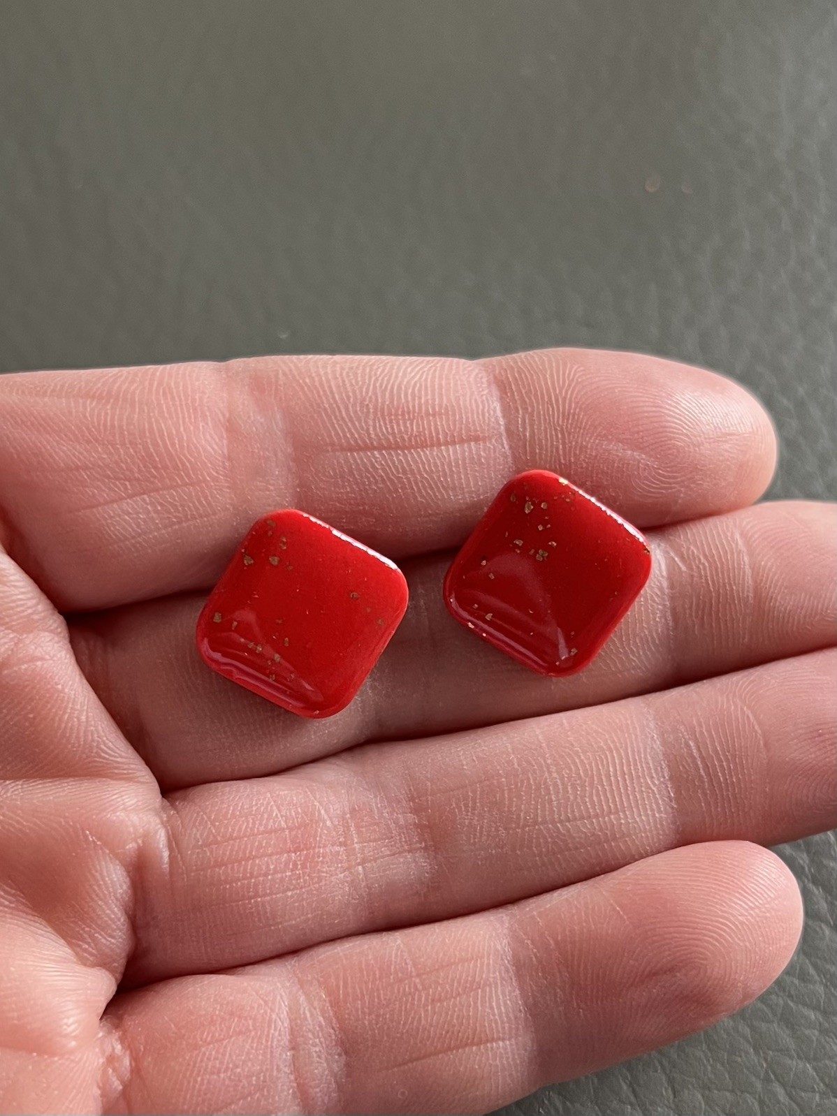 Handmade Red Resin-Coated Polymer Clay Stud Earrings Square Ultra Lightweight