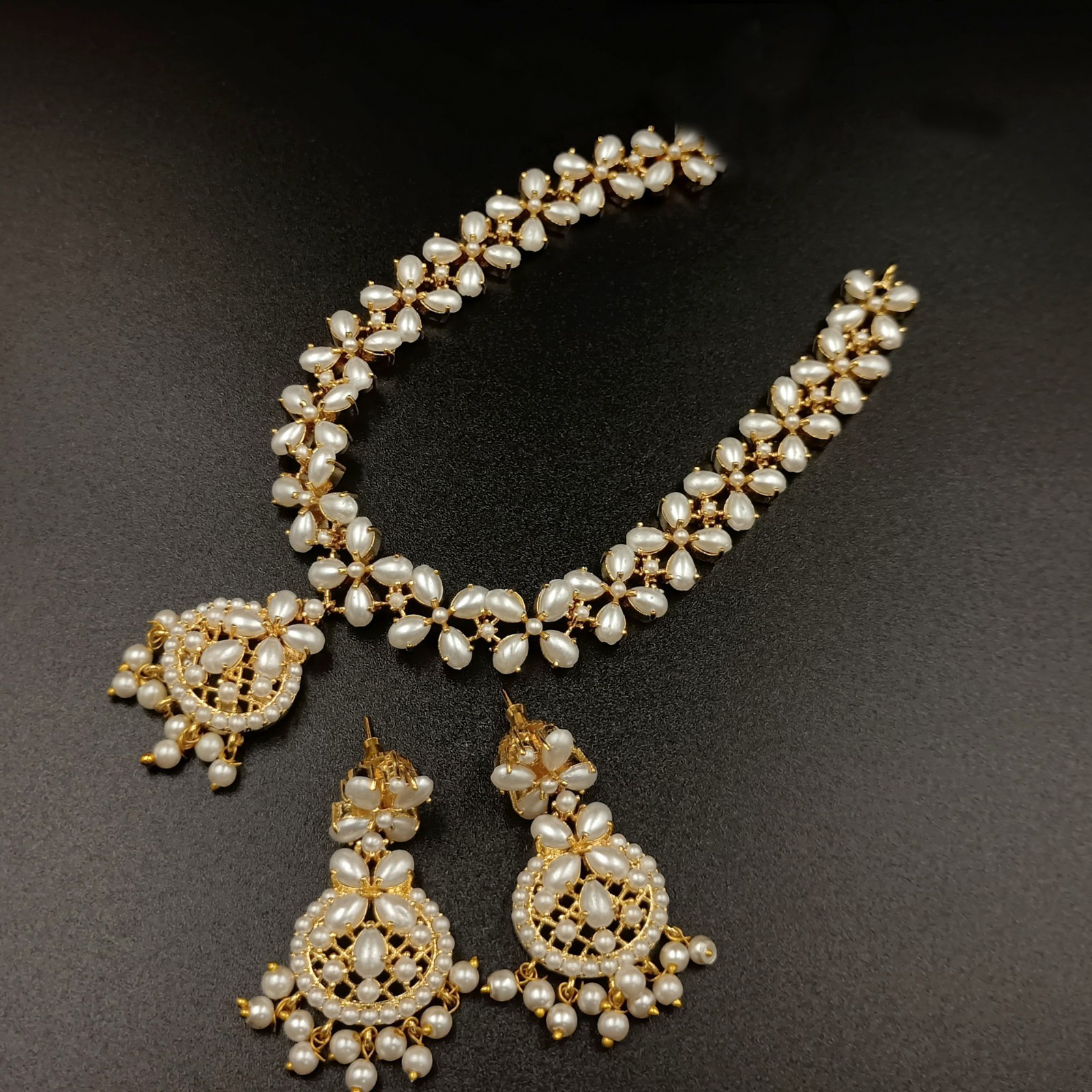 Vintage White Pearl Necklace Set 22K Gold Plated Chain Earrings Bridal Gift