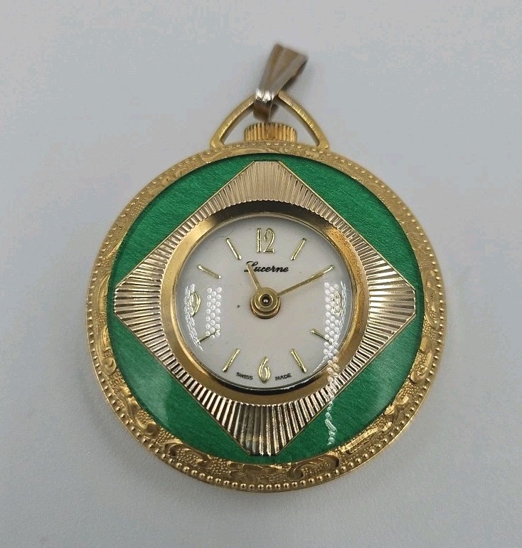 Swiss Made Lucerne Mechanical Wind Up Green & Goldtone Pendant Watch Works EUC