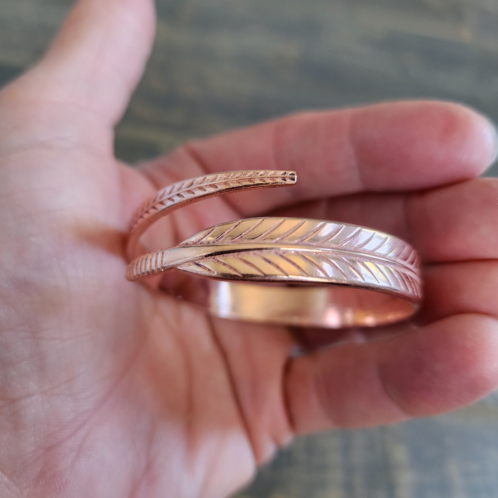 Pure Copper Feather Bracelet Bangle Adjustable 10 mm Wide 20g Open Cuff