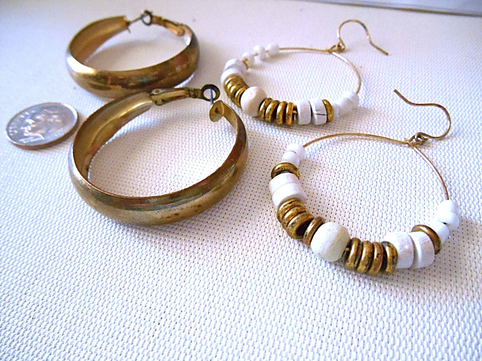2 Pair – Bronzetone / Goldtone White Hoop Pierced Earrings
