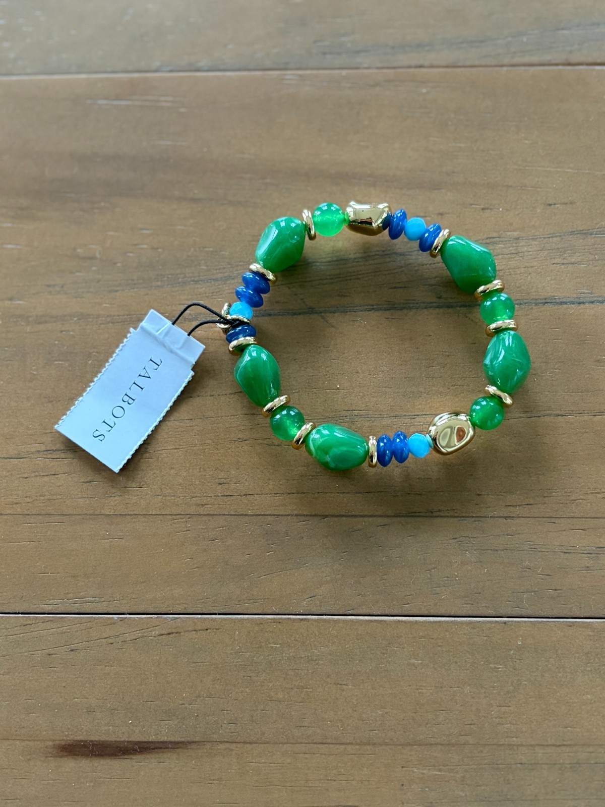 TALBOTS – Single strand stretch bracelet – Gold/Grove Green/Blue Amaru – NWT