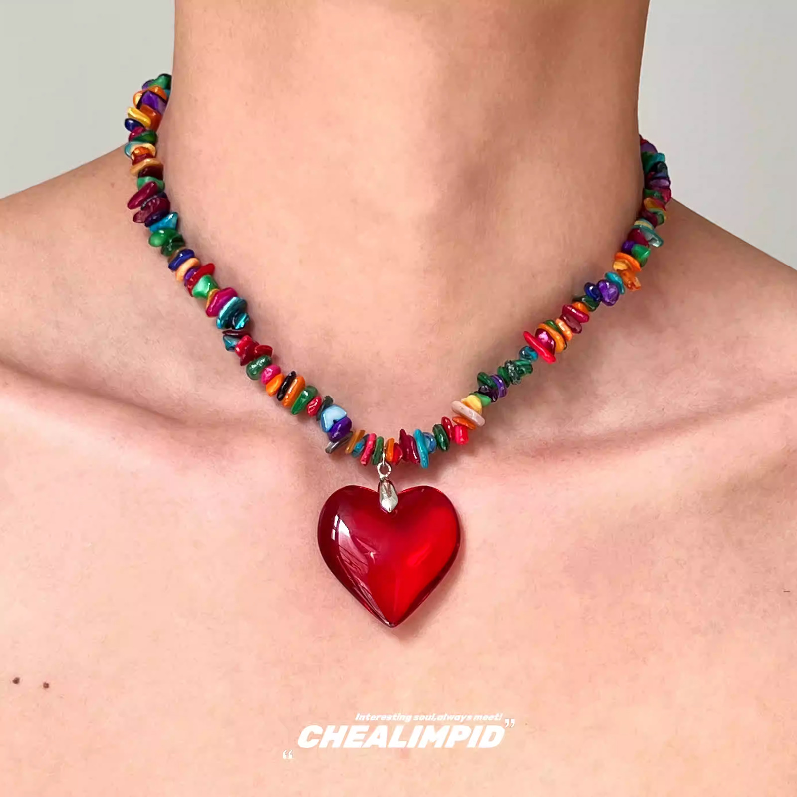 CHEALIMPID / Heart Color Bead Choker Necklace 42cm+5cm Extender