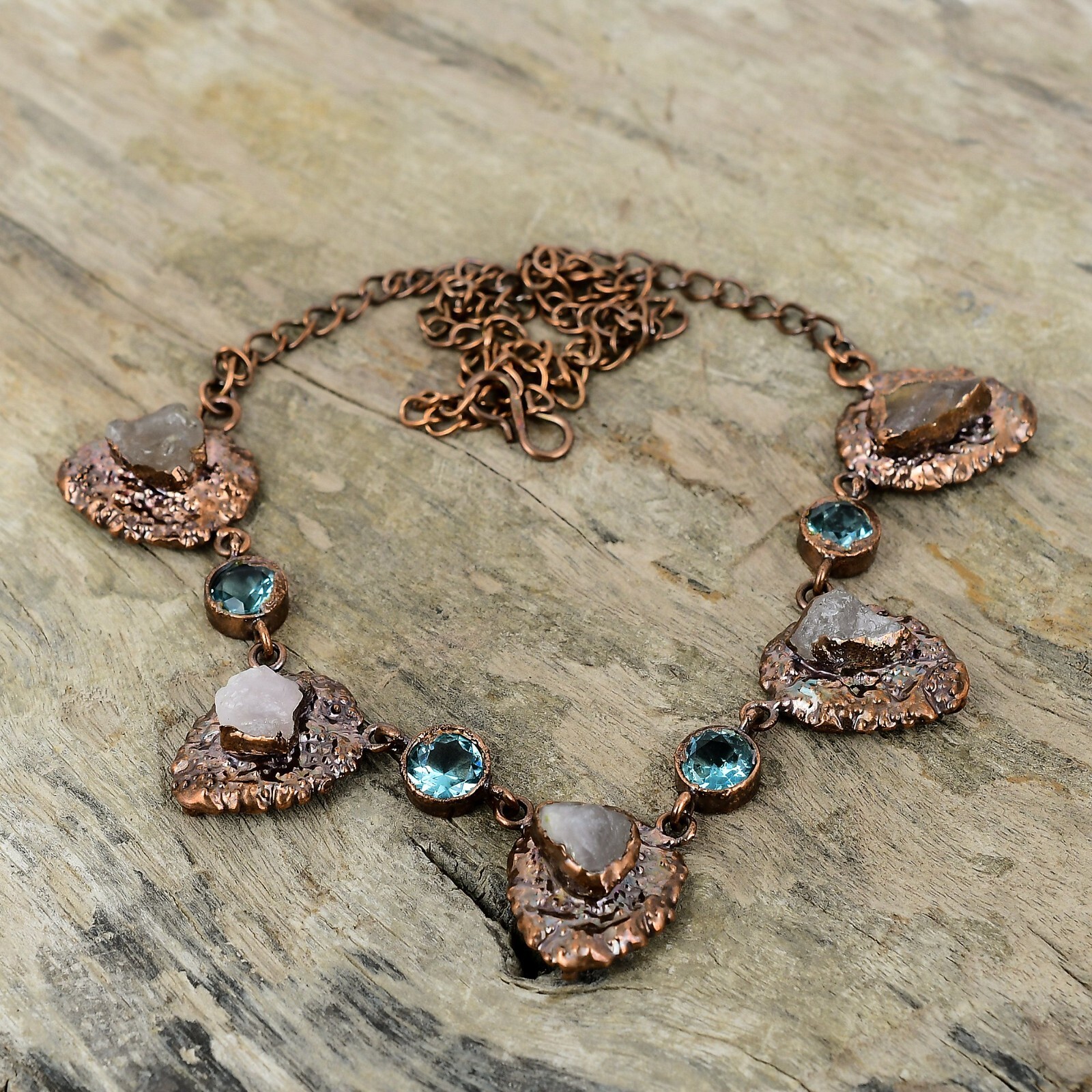 Rose Quartz Rough Copper Gift Electroformed Chain Adjustable Necklace 18.0″