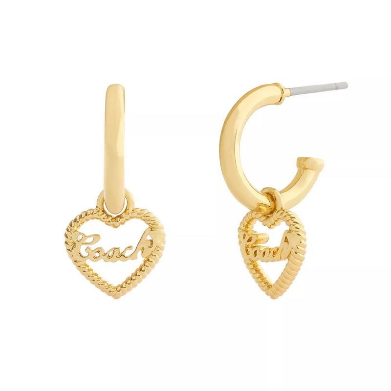 NWOT Coach Signature Heart Charm Huggie Earrings Gold Tone