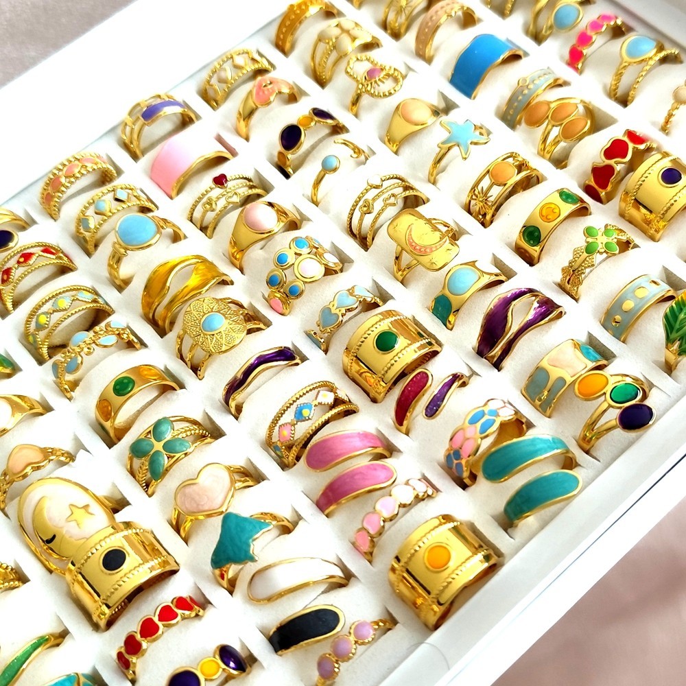 20Pcs Luxury Gold 316L Stainless Steel Color Enamel Wedding Party Ring Open-end