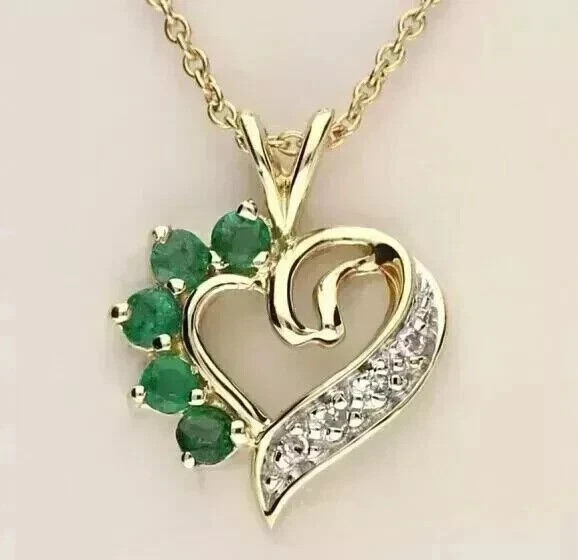 Round Cut Simulated Emerald Stunning Heart Charm Pendant 14K Yellow Gold Plated