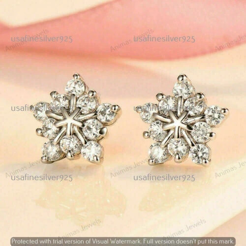 1.00 CT Simulated Diamond Snowflake Cluster Stud Earrings 14K White Gold Plated