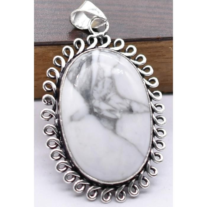 Howlite Natural Gemstone Antique Silver Plated Pendant 2.25″ J639