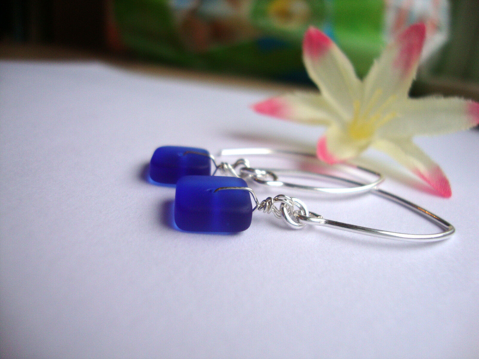 Flat, Forward-Facing, Dainty Frosted Sea Glass Silver Marquise Style Earrings