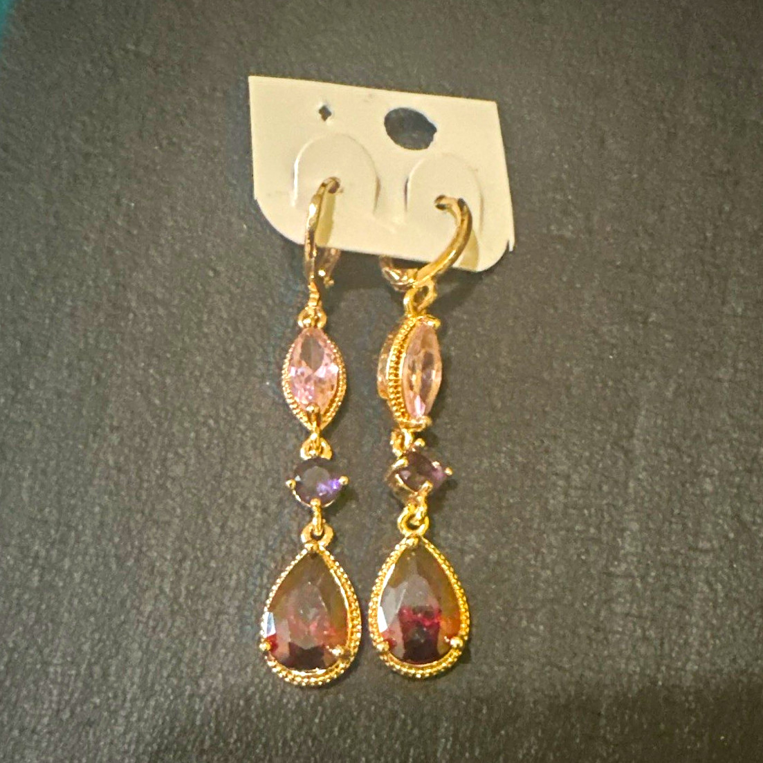 Gold Tone Pink Crystal Teardrop Dangle Drop Hook Earrings Bezel Set