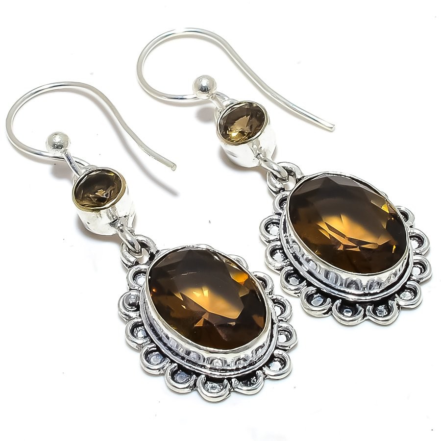 Smokey Quartz Gemstone 925 Silver Plated Jewelry Earring 2.2″ S1942