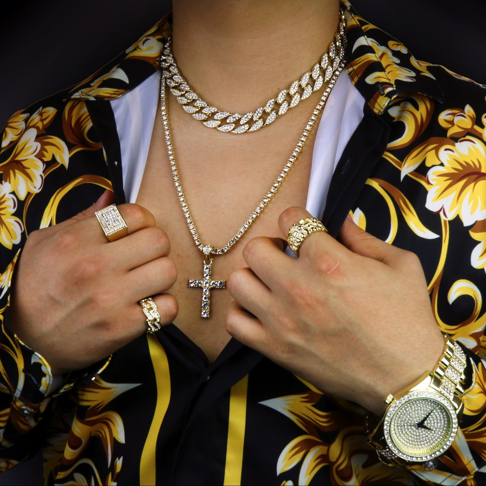 Mens 14k Gold Plated Cross 18″ Cubic-Zirconia Cuban & 24″ Tennis Chain Bad Bunny