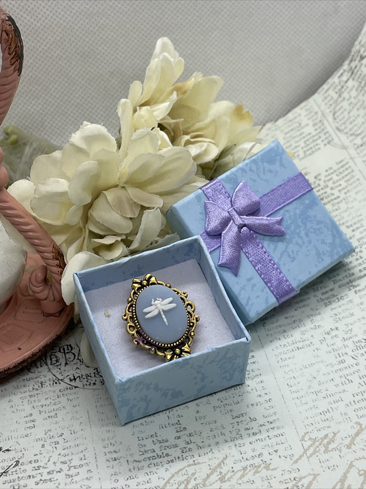 gold Dragonfly Blue White Cameo Nature Renaissance Gift Ring Adjustable Festival