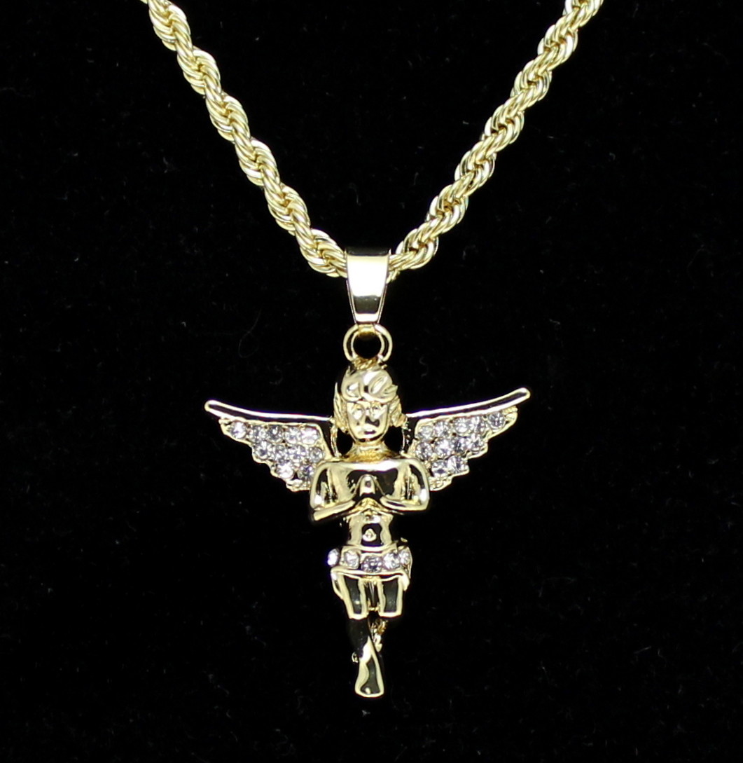 14k Gold Plated Messenger Angel Pendant Icy Cz 20″ Rope Chain Hip Hop Necklace