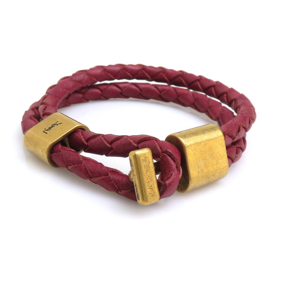 Auth SAINT LAURENT Bracelet Bordeaux/Gold Leather/Metal – r11338a