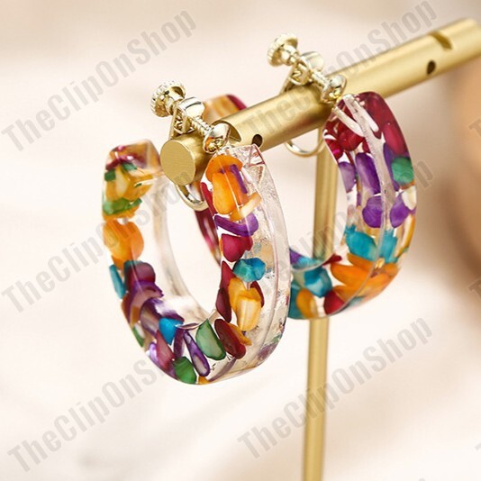 3.5cm CLIP ON hoop EARRINGS multi MOP shell LUCITE HOOPS resin GOLD TONE SCREW