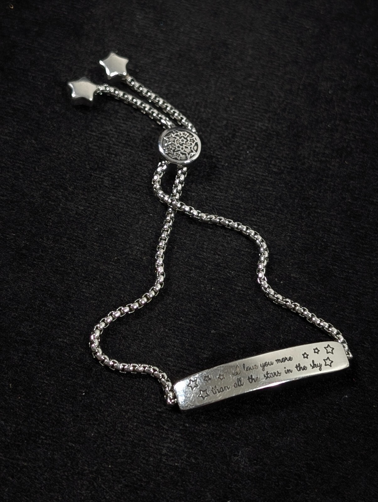 Silver Tone I Love You More Than Stars ID Bar Adjustable Chain Bracelet