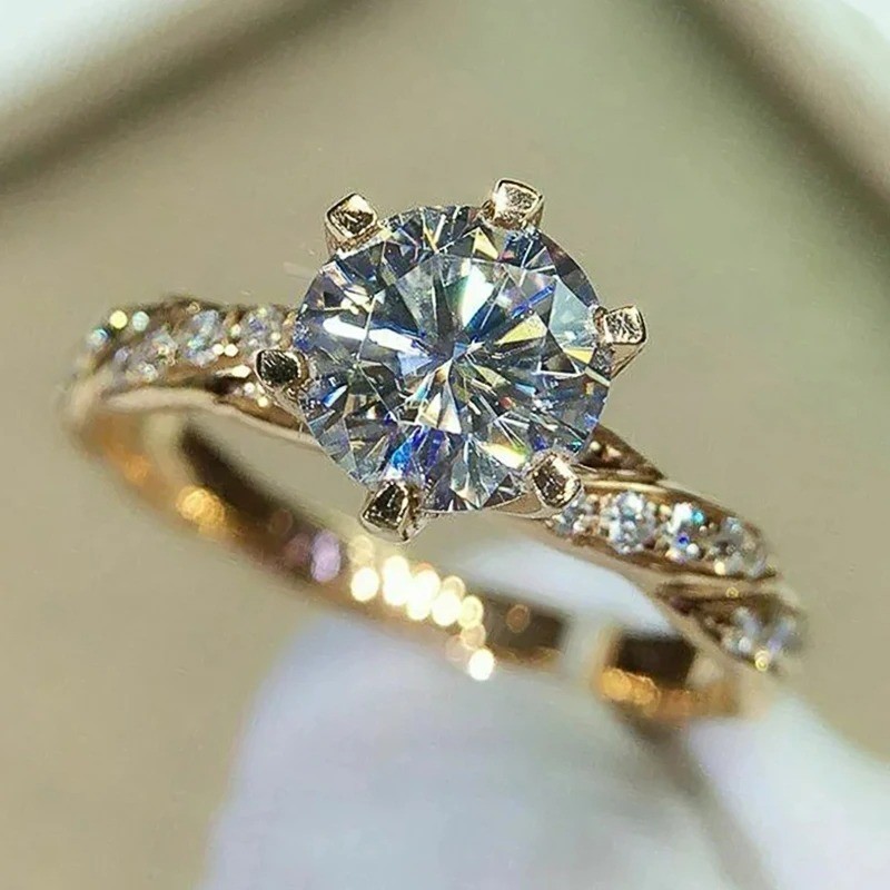 HUITAN 6 Claw CZ Ring Gold Engagement Wedding Band Women Luxury Jewelry Q179