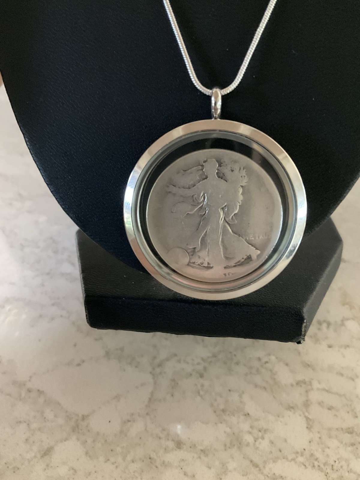 ANTIQUE COIN 90% SILVER WALKING LIBERTY HALF $ PENDANT With Sterling 20” Chain