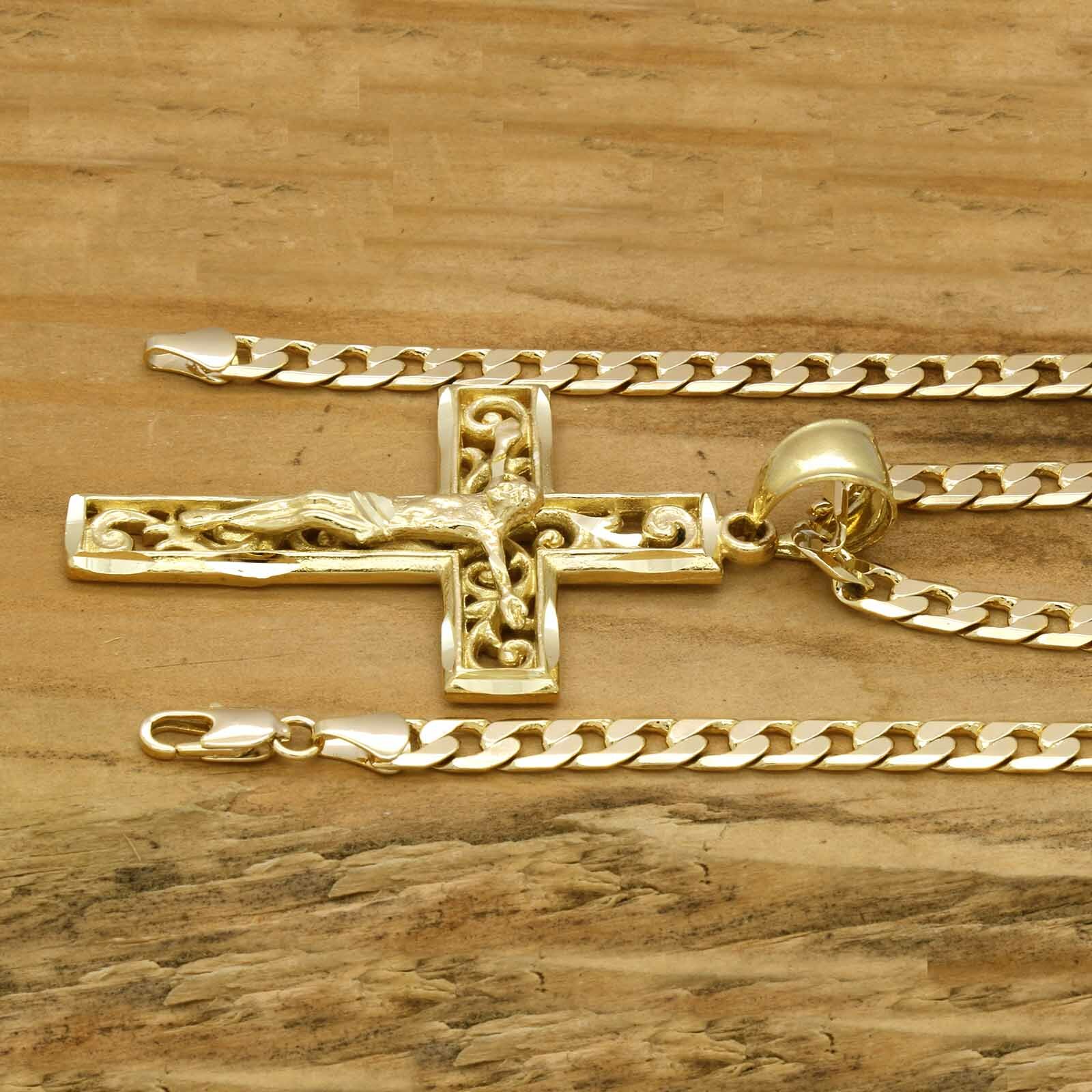 Mens 18k Gold Plated ” JESUS in Cross” Brass Pendant 6mm 24″ Cuban Chain