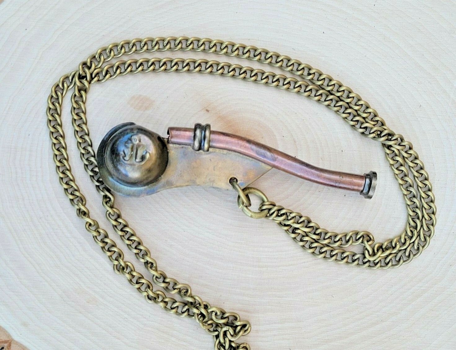 Brass Nautical Pendant Vintage Style Solid Brass Necklace Bosuns Whistle