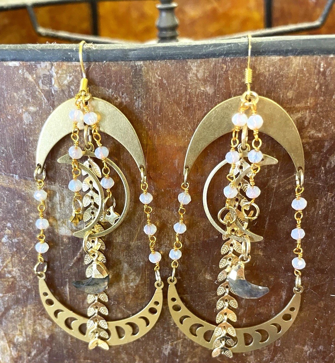 Handmade Brass Crescent Moon Dangle Hook Earrings w/ Labradorite Moons