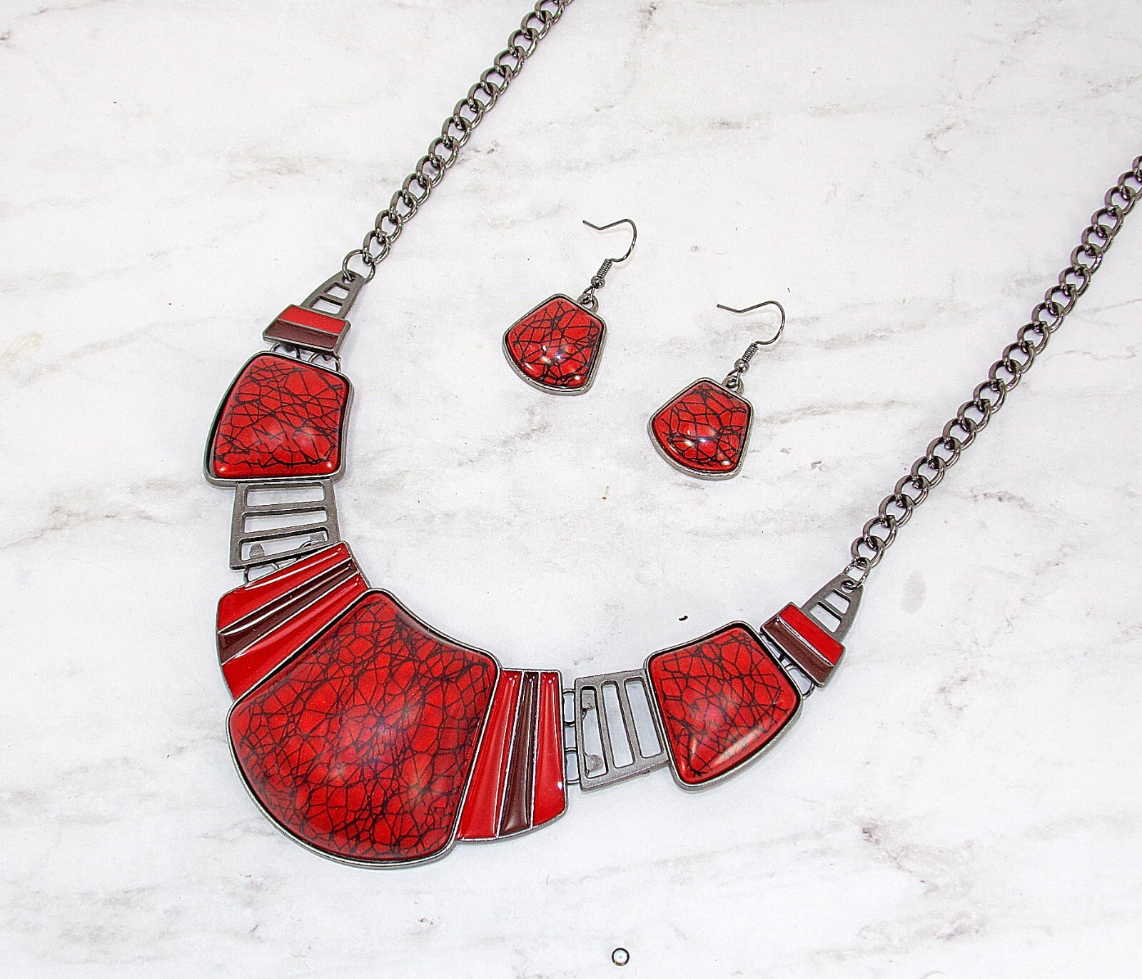 Red and black necklace and earring set, women’s large statement neck set New