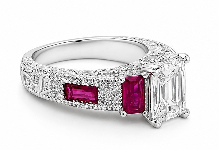 LAB CREATED 2.32 Cts WHITE SAPPHIRE & RUBY RING 14k WHITE GOLD PLATED – NWT
