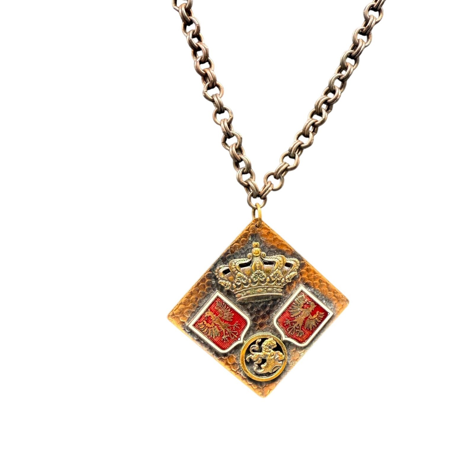 Hammered Royal Crown Eagle Symbol Pendant Chain Necklace Brass Tone