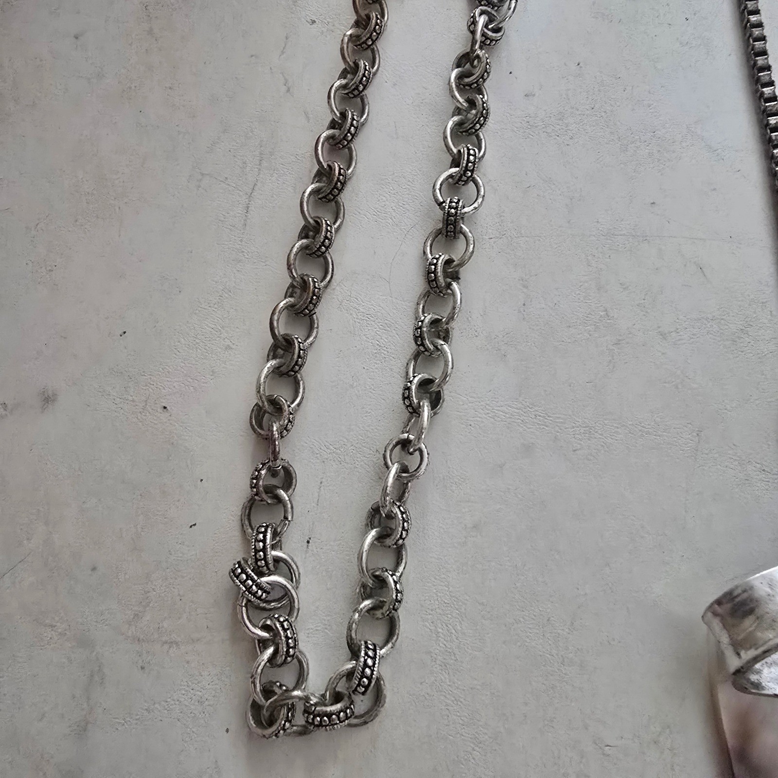 Silver Tone Statement Necklace Lot Mother of Pearl Pendant & Chunky Link Chain