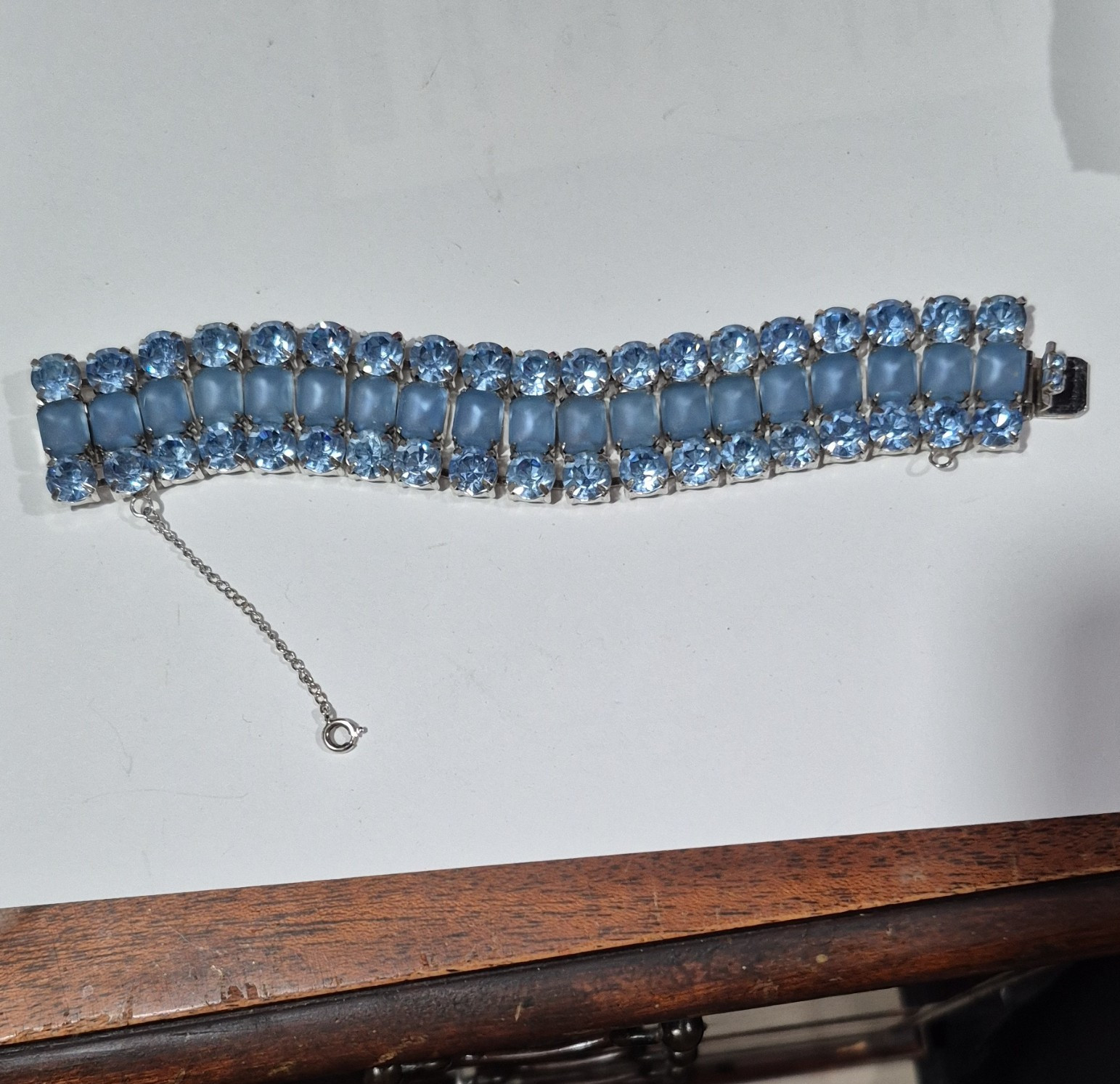 Blue Crystal Tennis Bracelet, Safety Chain, Silver Tone, 7.5in, Box Clasp