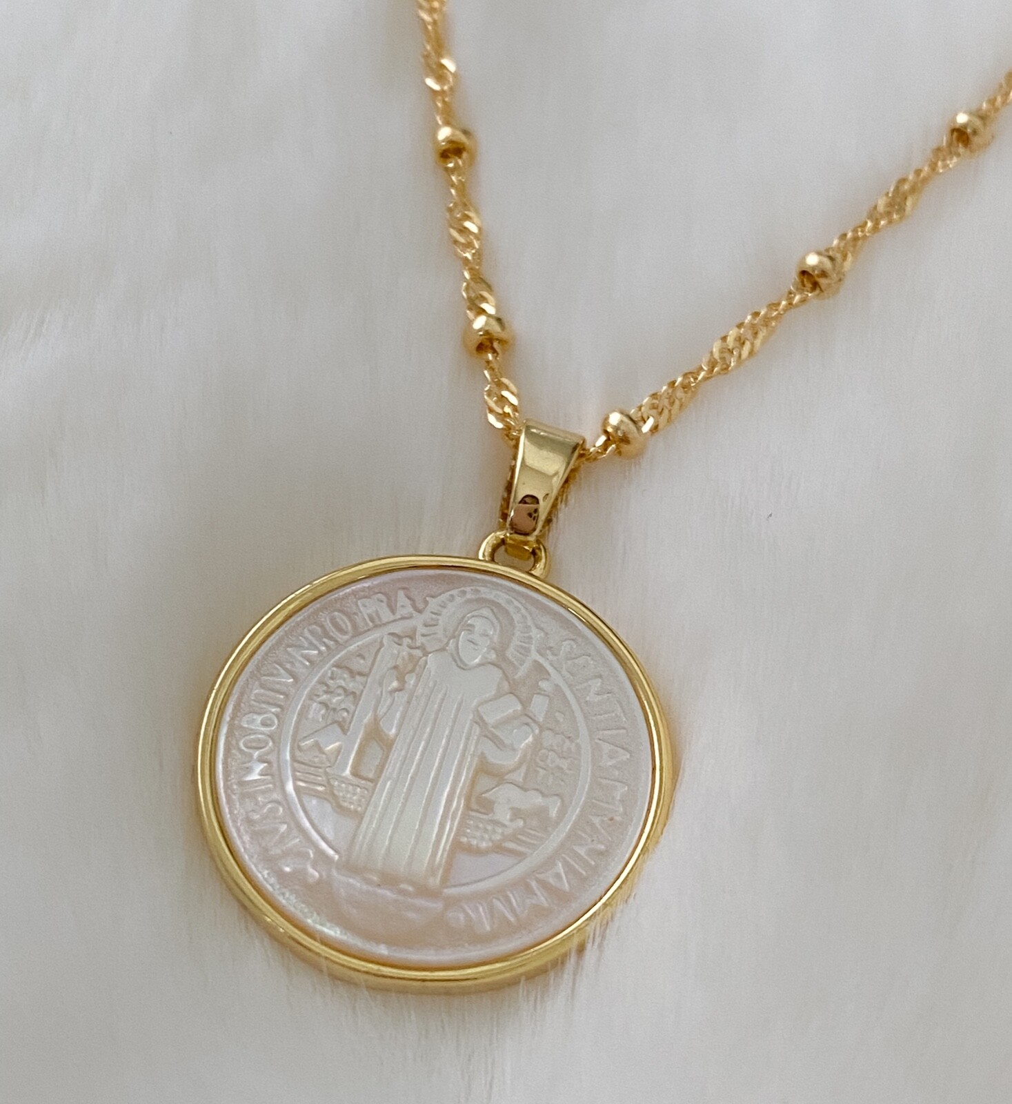 Mother of pearl St Benedict medal necklace religious jewelry protection amulet