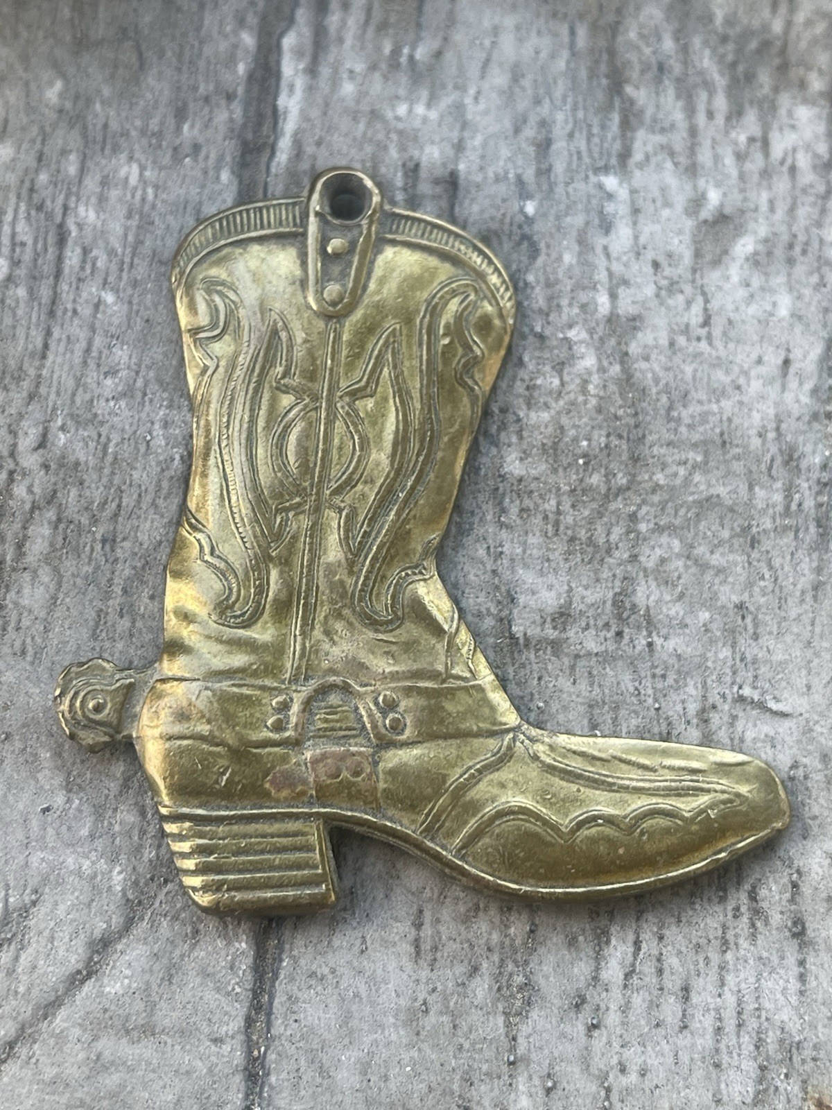 Vintage Western Cowboy Boot w/ Spur Solid Brass Pendant Jewelry 2″ 80’s