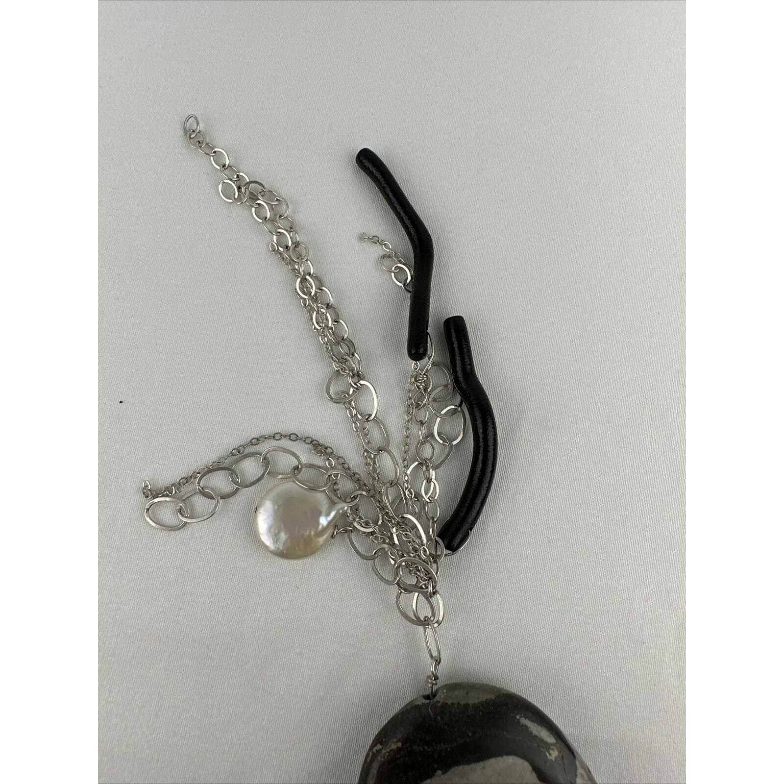 Artist Made Pendant Sterling Silver Chain Natural Pearl Marble Zebra Jasper
