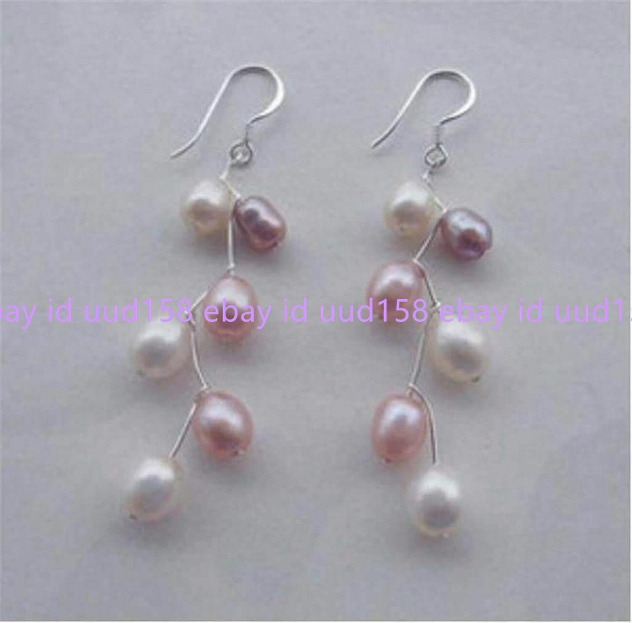 7-8mm White Pink Purple Freshwater Baroque Pearl Dangle Silver Hook Earrings