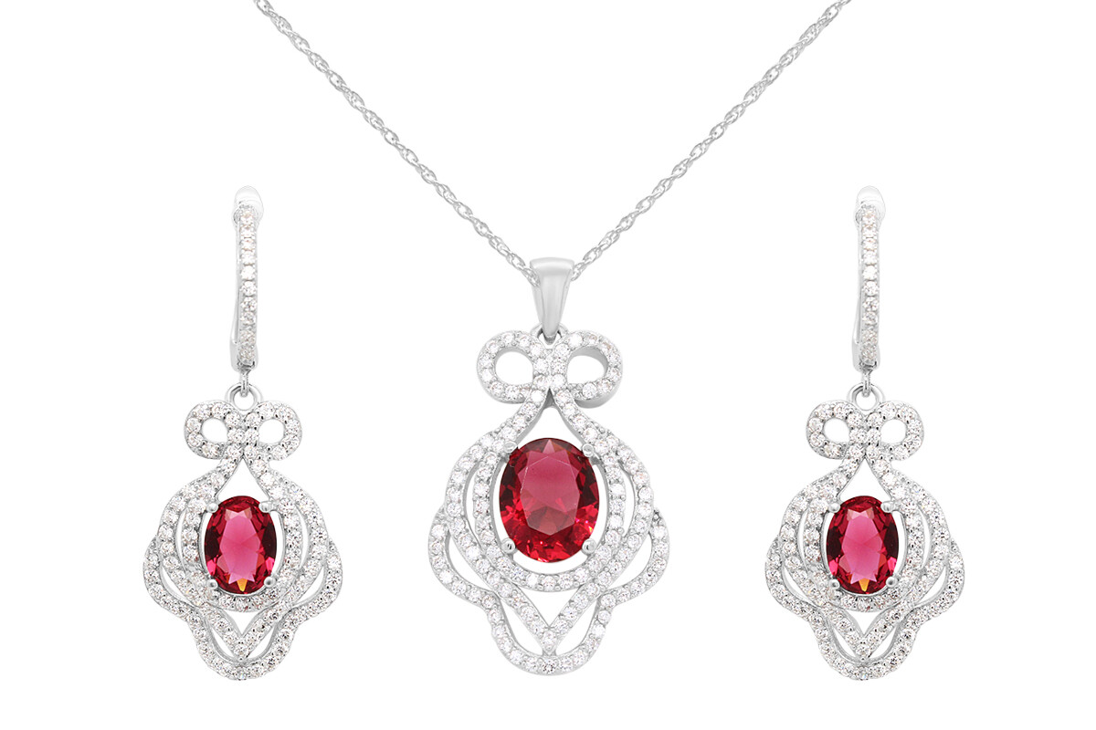 Ruby & Cubic Zirconia Pendant and Dangle Earrings Set 14K White Gold Plated