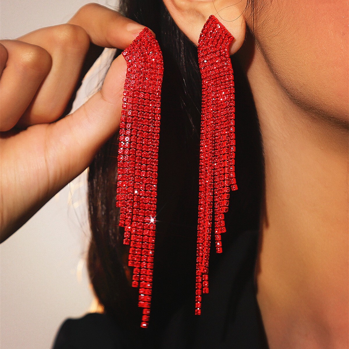Long Red Dangle Drop Rhinestone Earrings Prom Wedding Pageant Holiday Party