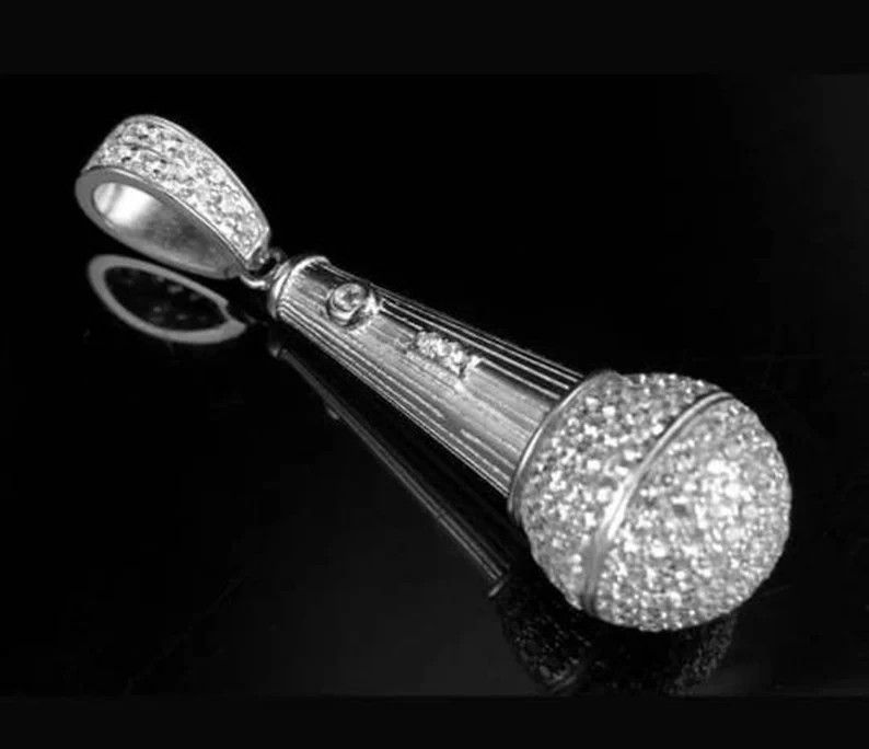 14K White Gold Over Hip Hop Microphone Pendant 2 Ct Round Cut Simulated Diamond