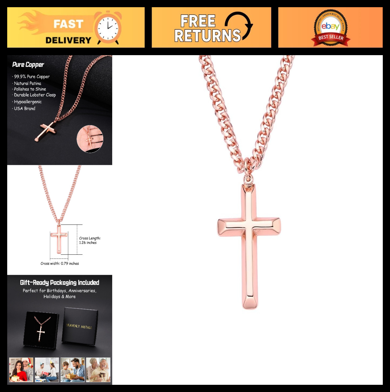 Copper Cross Necklace for Men & Boys – 99.9% Pure Copper Pendant & Chain, 18″-24