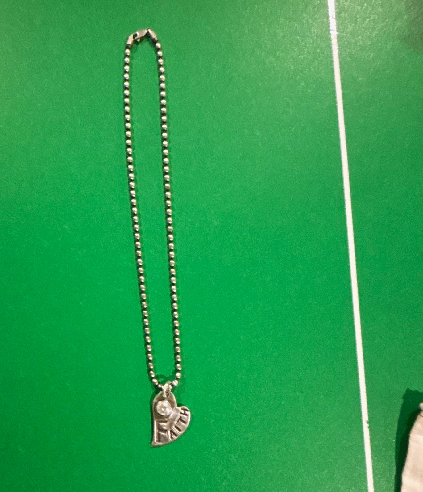 Silver Tone Ball/Bead Chain Necklace Heart FAITH REV 91 Clear Crystal Charm