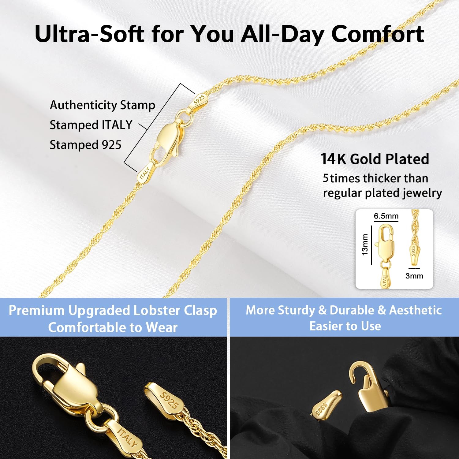 Jewlpire 14K Gold Plated Chain Necklace For Women 2Mm Rope Chains 14K Gold