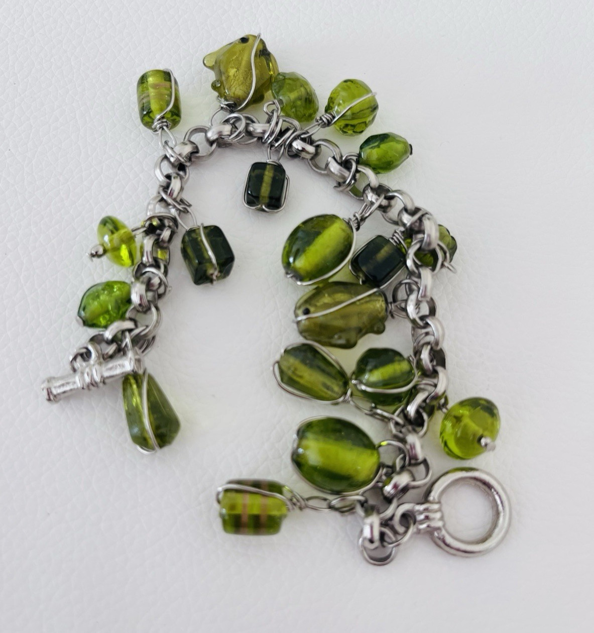 Murano Hand Coiled Lampwork Glass & Metal Bracelet Murano Green Glass Vintage