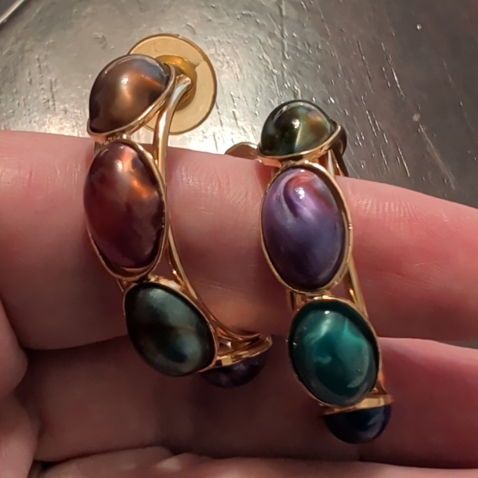 Gold Tone Multicolor Oval Cabochon Hoop Earrings, Bezel Set, Lobe
